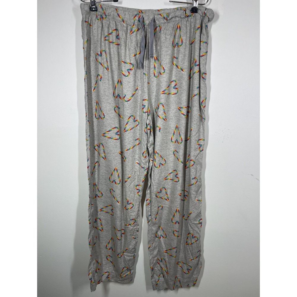 Victoria Secret PINK  Women's pajama pants Gray With Rainbow Candy Cane Hearts L